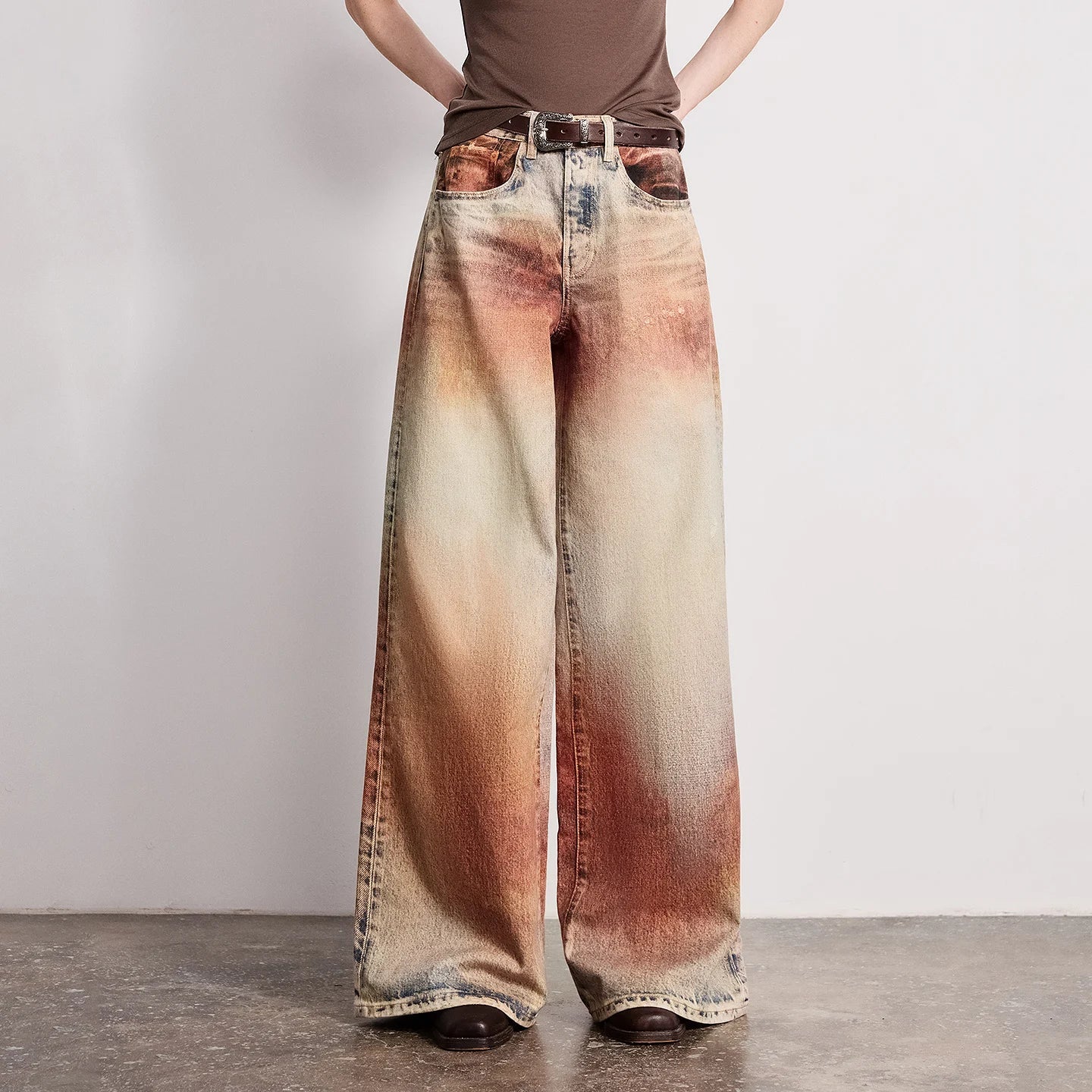 Women Jeans 2026 Spring New Wilderness Wasteland Style Mid Low Waist Loose Printed Wide Leg Pants