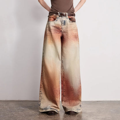 Women Jeans 2026 Spring New Wilderness Wasteland Style Mid Low Waist Loose Printed Wide Leg Pants