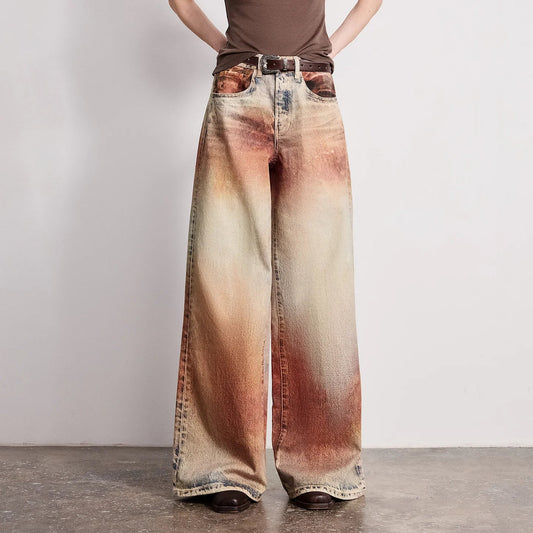Women Jeans 2026 Spring New Wilderness Wasteland Style Mid Low Waist Loose Printed Wide Leg Pants
