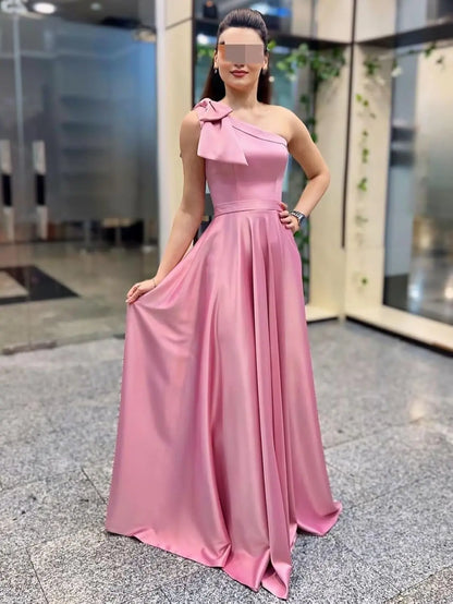 One Shoulder Large Bow Bridesmaid Dress with Pleated Satin and Pockets Simple ,Stylish Ball Dressadies' Guest One Shoulder Dress