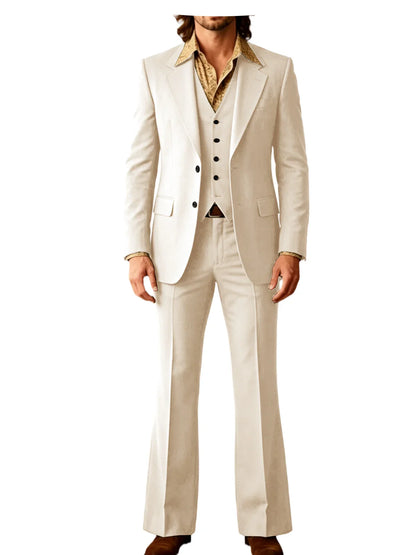 Retro Men's Linen 3 Piece Notch Lapel 2 buttons Jacket Flared Trouser Breathable Elastic for Casual Beach Wedding Groom Tuxedo