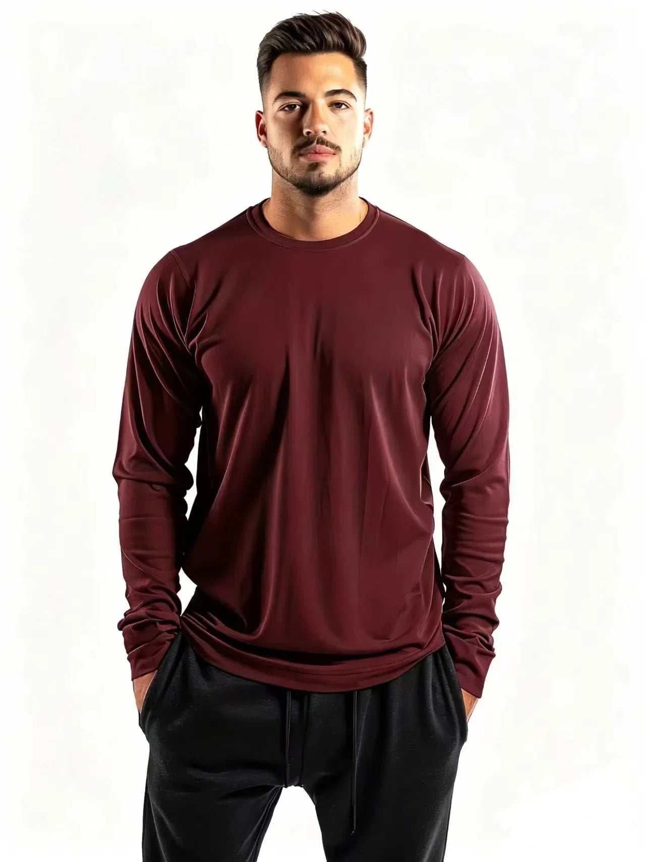 Men's Casual Pure Color Sweat-Wicking Breathable Quick-Dry Long Sleeve Sport T-Shirt Single Piece Summer Outdoor Activity