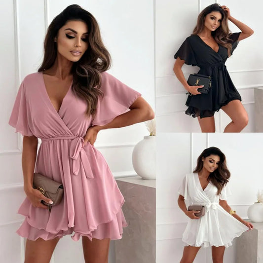 Chiffon White Women Dress for 2025 Summer Short Sleeve Slim Fit Fashion Korean Female Clothing Party Vintage Formal Occas Dress