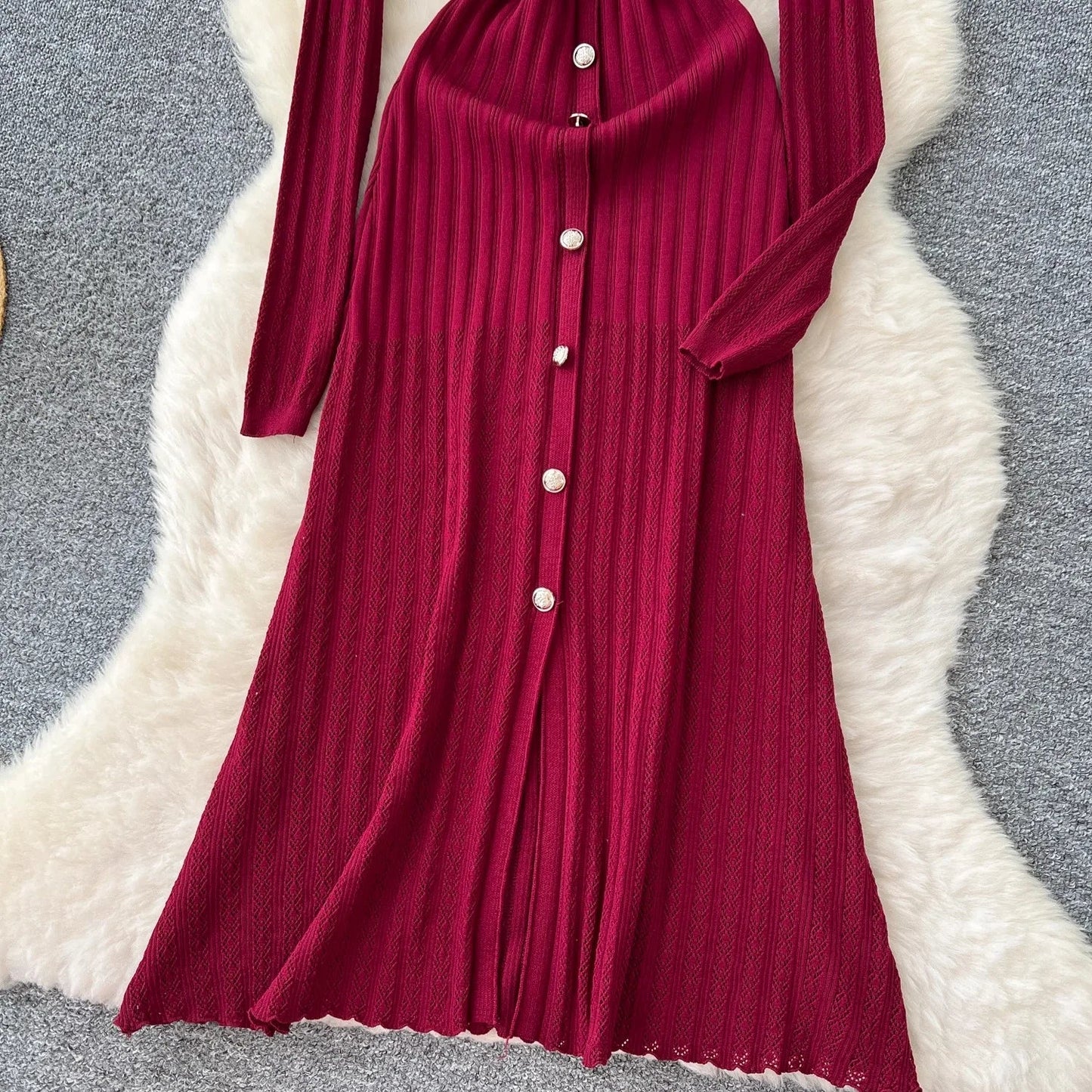 Brand Fashion Aesthetic Patchwork Knitted Maxi Dress Autumn Winter Women Luxury Shirt Sweater Dress Office Lady Vestido