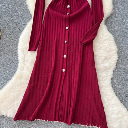 Brand Fashion Aesthetic Patchwork Knitted Maxi Dress Autumn Winter Women Luxury Shirt Sweater Dress Office Lady Vestido