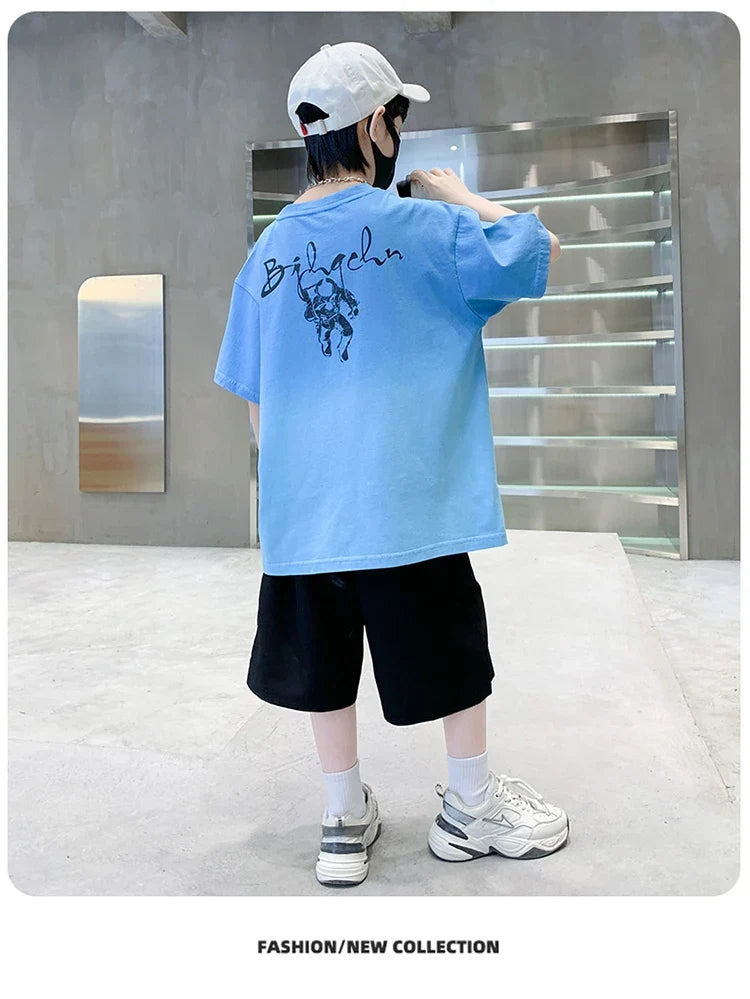 Kids Boy New Summer Suit Tie Dye T-shirt + Cargo Shorts 2 Pieces Tracksuit for Teens Child Shorts Sleeve Clothing Set Age 4 - 14