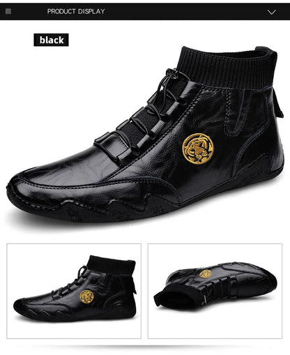 Men's Wear-resistant Boots Casual Classic Genuine Leather Handmade Shoes Ankle Round Toe Lace Up Walking Business Boot