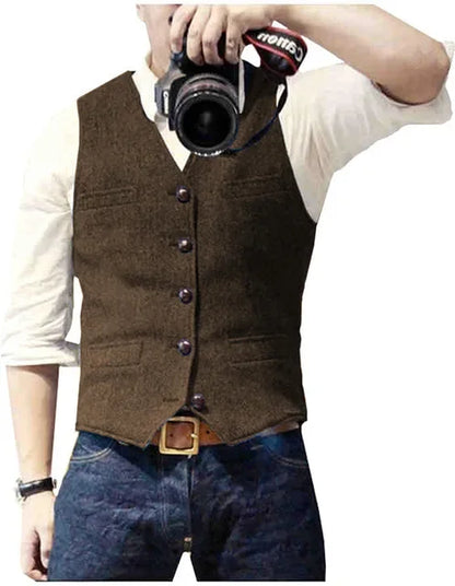 Mens Suit Vest Tweed Retro V Neck Wool Herringbone Waistcoat for Prom Single Breasted Males Dress Suit Vest Plus Size