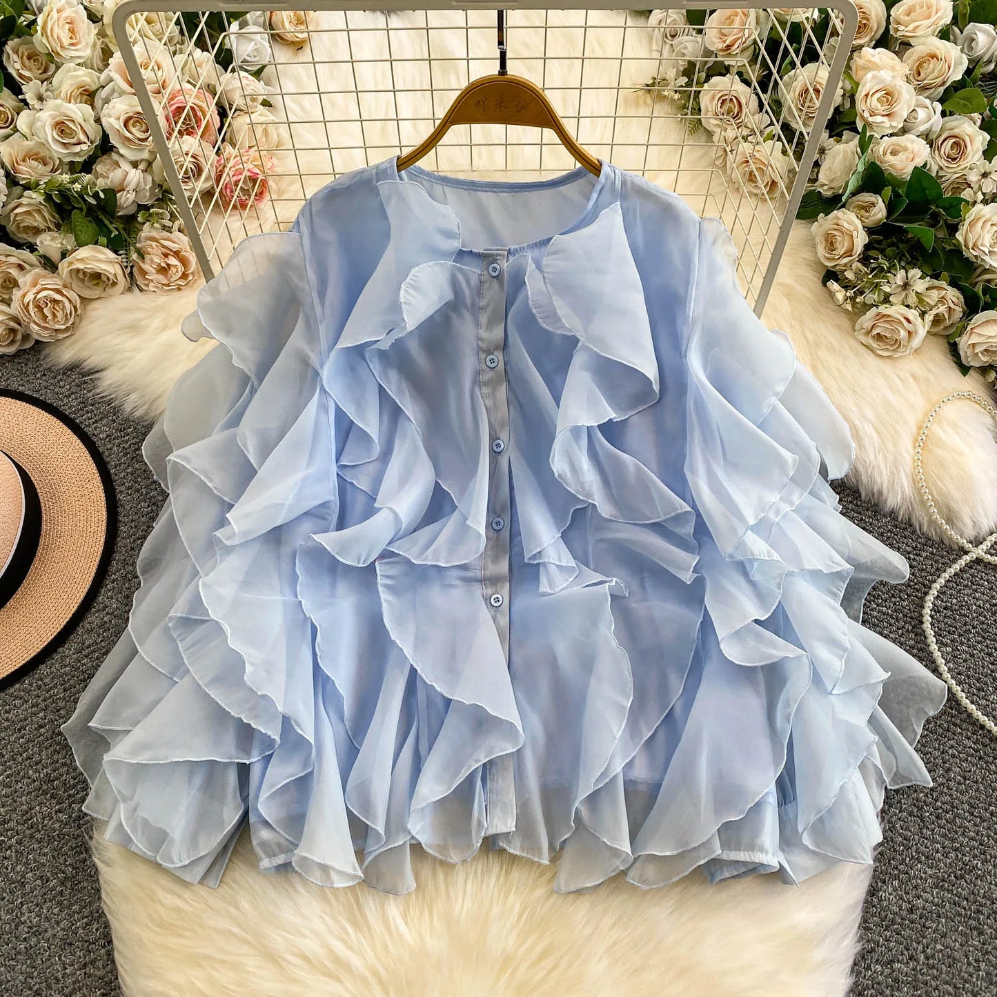 Autumn Blouse for Women Fashion O-neck Long Puff Sleeve Flounced Edge Shirts French Chic Versatile Female Tops Dropshipping