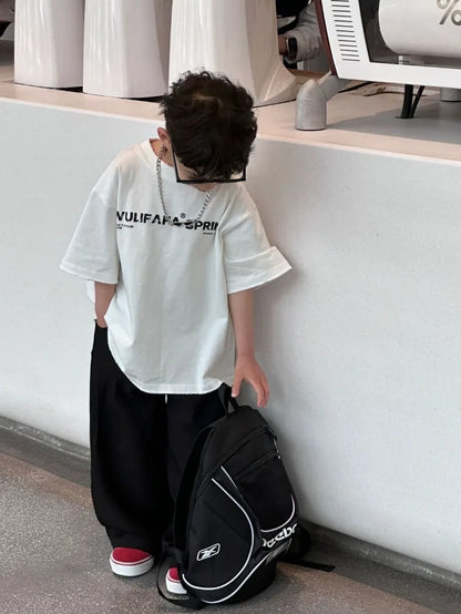 Red Cotton T-Shirt for Tween Boys Girls Loose Fitting Trendy Unisex Summer Top with Embroidered Letters Youthful Casual Wear
