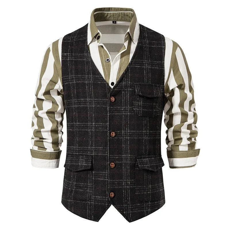 Suit Vest Men British Style Plaid Single-breasted Pocket Man Waistcoat Business Casual Slim Sleeveless Male Vest