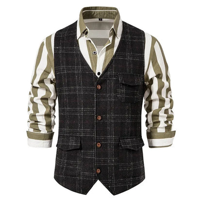 Suit Vest Men British Style Plaid Single-breasted Pocket Man Waistcoat Business Casual Slim Sleeveless Male Vest