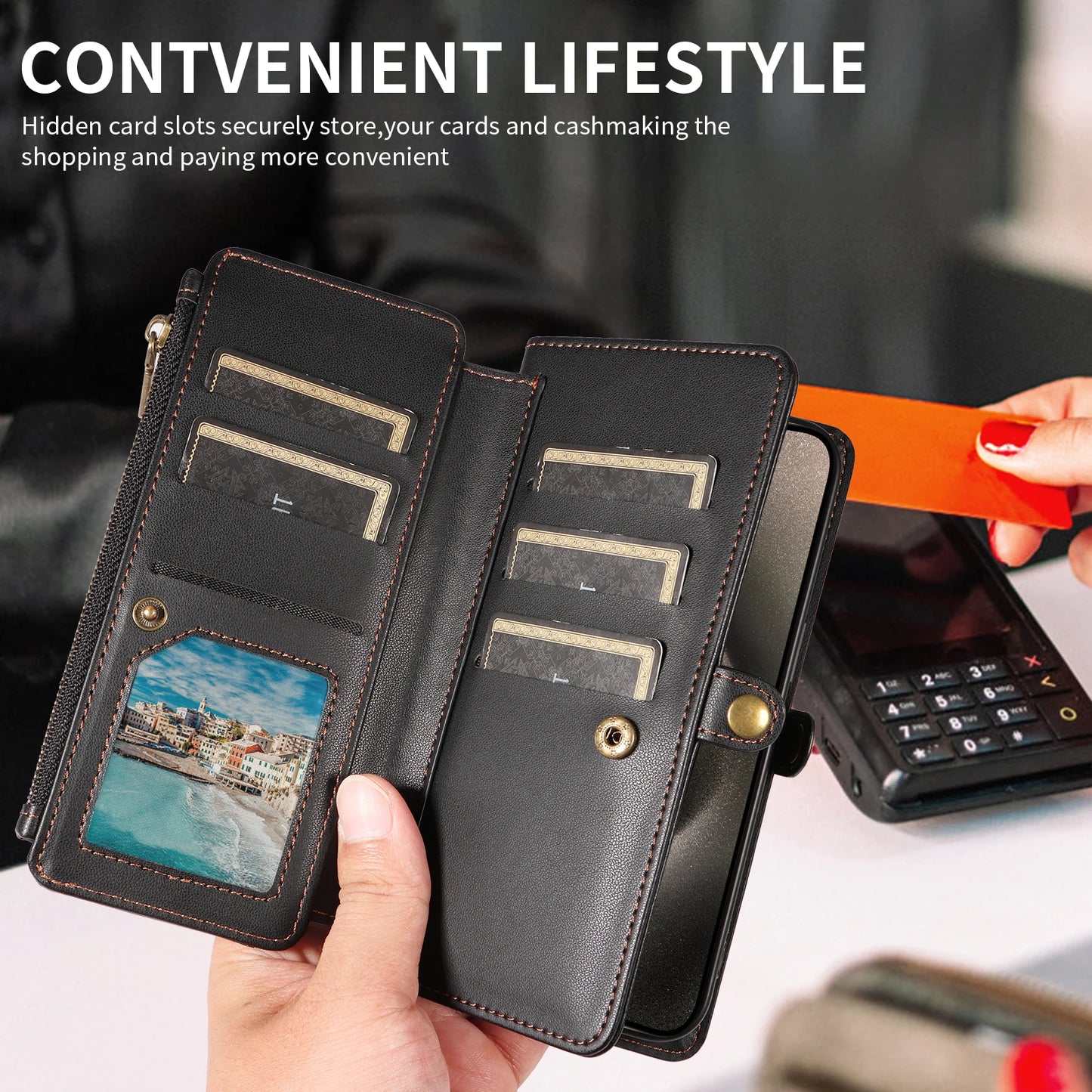Multi-Card Slot Wallet-Style Phone Case (Long Strap + Short Strap) for iPhone 17/16/15/14/13/12/11 Pro Max Protective Set with Coin Pocket, Crossbody Strap, Anti-Drop Faux Leather Case