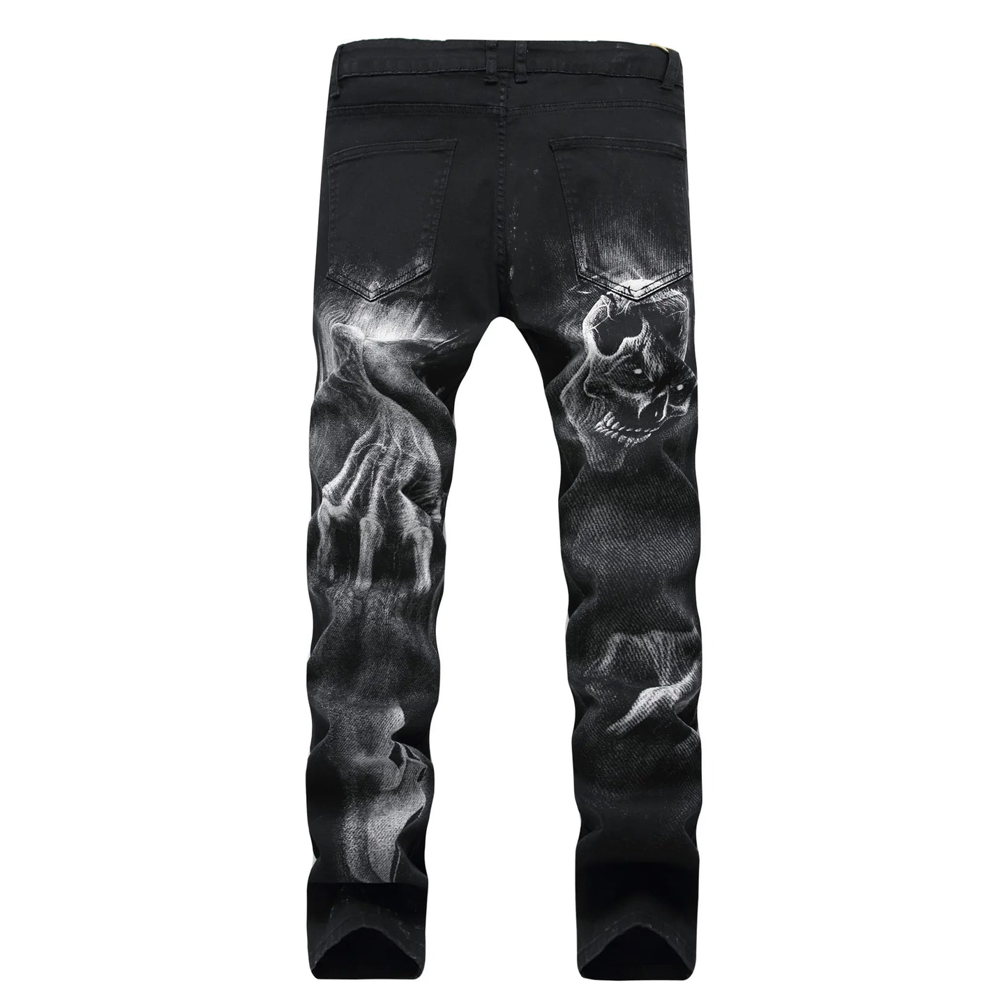 2026 Men's Blue 3D Printing Jeans, Black Wolf Pattern Printed Punk Straight Cotton Casual Print Denim Pants Asian Size 28-42