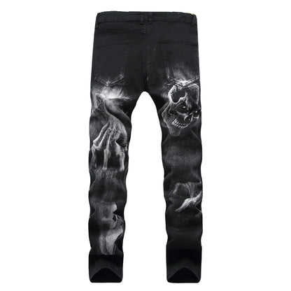 2026 Men's Blue 3D Printing Jeans, Black Wolf Pattern Printed Punk Straight Cotton Casual Print Denim Pants Asian Size 28-42