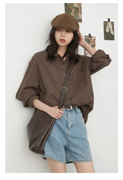 Women Shirt Loose Casual Single-breasted New Retro Contrast Plaid Embroidered Blouses Female Top Autumn Winter 2026