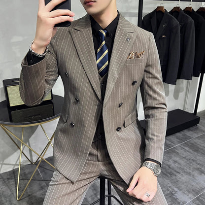 2025 High-quality Korean Version Slim-fit Business (Suit + Vest + Trousers) Striped Double-breasted Suit Three-piece Set