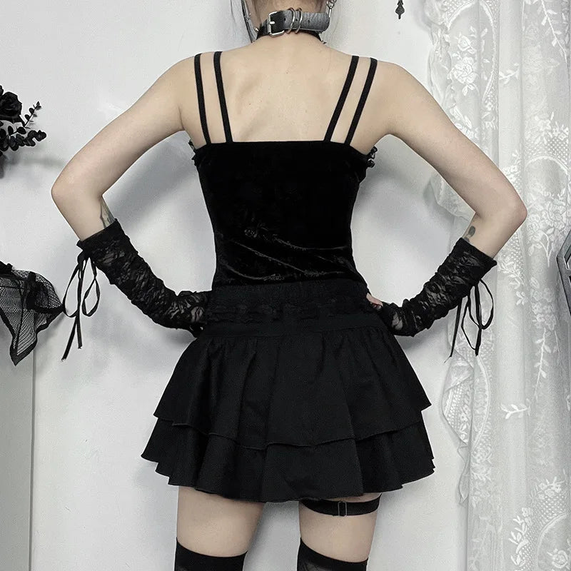 Punk Cross Patchwork Pleated Skirts Mall Gothic Techwear Bottoms Grunge Aesthetic Women Bandage Mini Skirt Alt Clothes