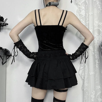 Punk Cross Patchwork Pleated Skirts Mall Gothic Techwear Bottoms Grunge Aesthetic Women Bandage Mini Skirt Alt Clothes