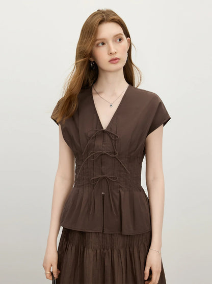 2025 Summer Women's Modern Bow-Tie V-Neck Blouse - Contoured Waist & Dolman Sleeve for Chic Occasions 25FS12737