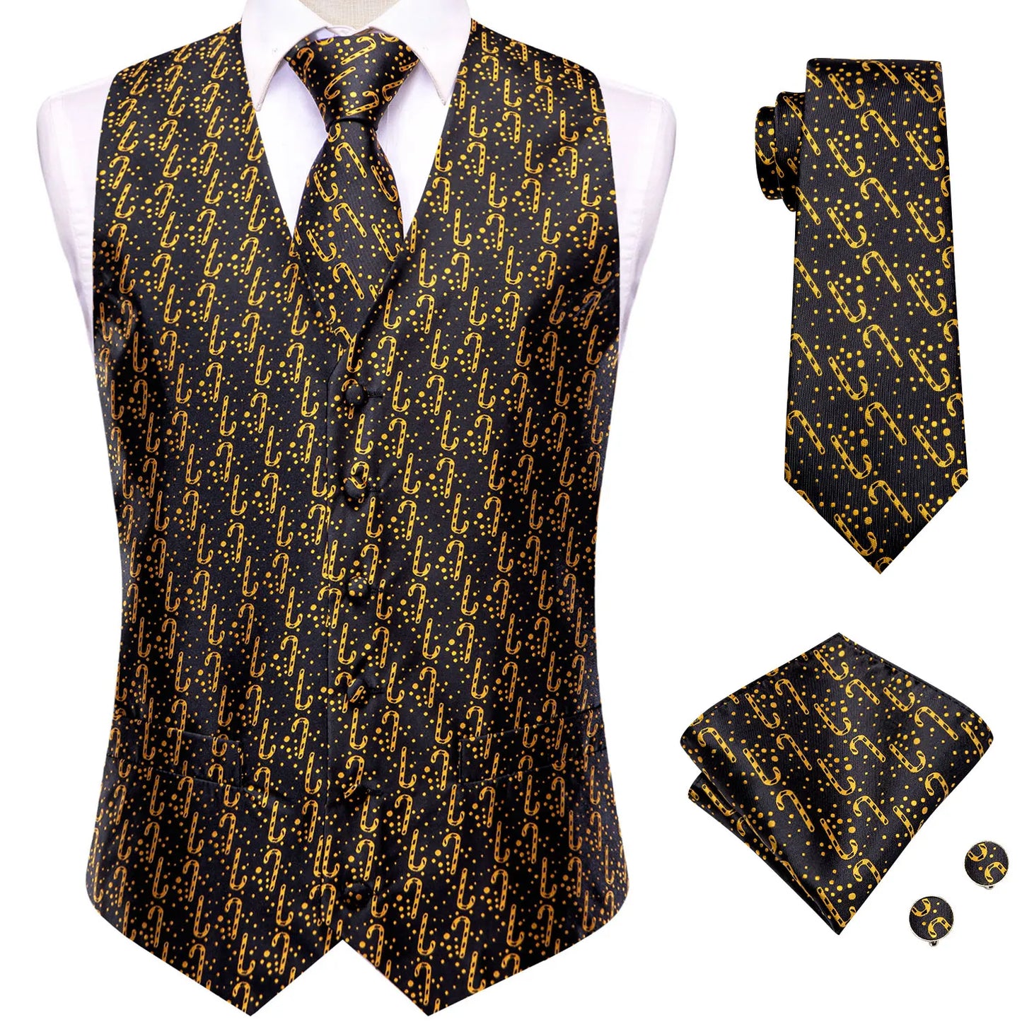 Men's Silk Vests Fashion Dark Green Floral Jacquard Handkerchief Cufflinks Necktie Sleeveless Wistcoat Sets Wedding Party