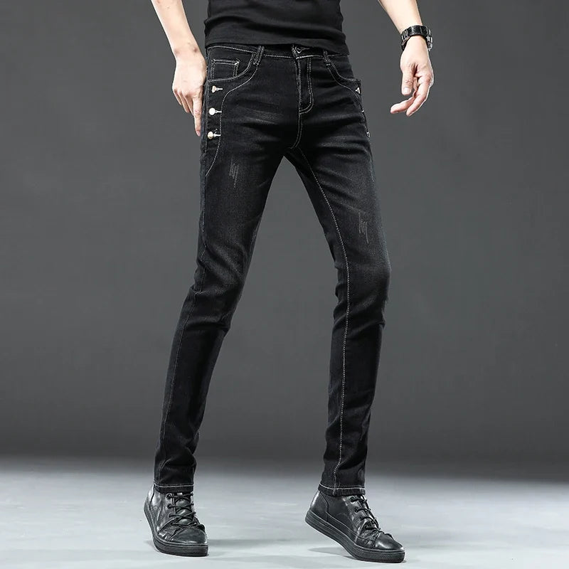 New Men Slim Korean Button Jeans Black Skinny Solid Color Stretch Multi-button Youth Male Denim Pants Streetwear
