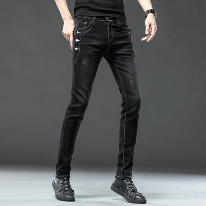 New Men Slim Korean Button Jeans Black Skinny Solid Color Stretch Multi-button Youth Male Denim Pants Streetwear