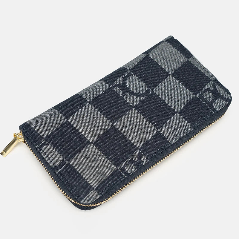 Women Handbag Chessboard Pattern Long Wear Resistant Denim Retro Large Capacity Multi Card Niche Luxury Versatile Wallet