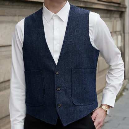 Men Vest Gray Herringbone V Neck Single Button Waistcoat For Wedding Prom Business Casual Formal Daily Office Work Men Suit Vest