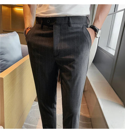 High Quality Fashion Striped Casual Men's Suit Pants 2026 New Business Office Social Wedding Slim Fit Trousers Oversized Size
