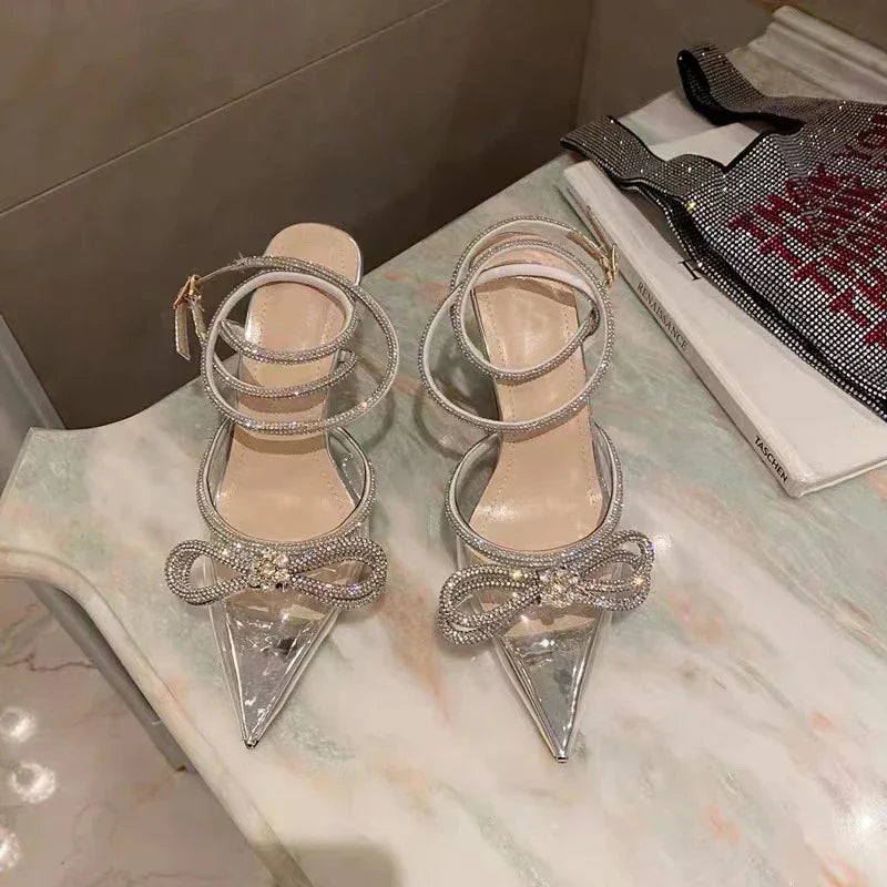 2025 New Fashion Glitter Rhinestones Women Pumps Crystal Bowknot Silk Pointed Toe Buckle Strap Thin High Heels Party Prom Shoes