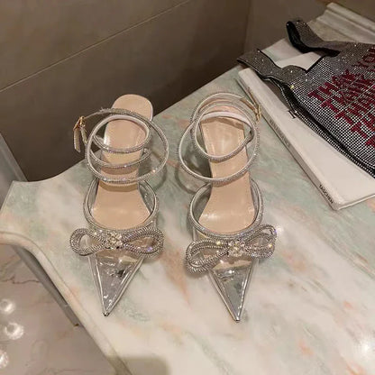 2025 New Fashion Glitter Rhinestones Women Pumps Crystal Bowknot Silk Pointed Toe Buckle Strap Thin High Heels Party Prom Shoes