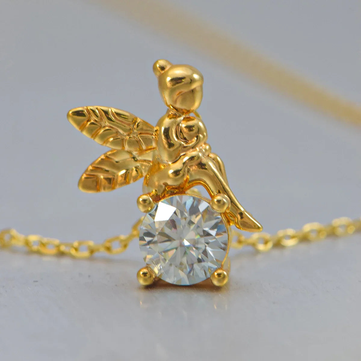 Au750 18k Gold Pendant Necklace Faerie Fairy 1 Carat Moissanite Diamond Valentine's Day Engagement Gift Fine Jewelry