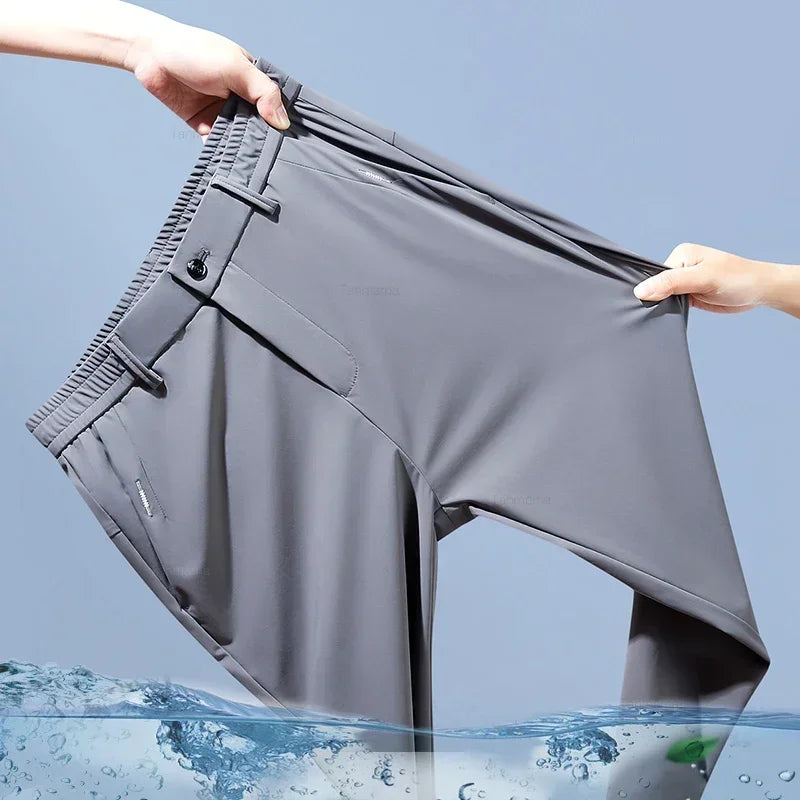 High Elastic Ice Silk Casual Pants Men's Spring Summer Ultra-thin Quick Drying Soft Breathable Business Straight Gray Trousers