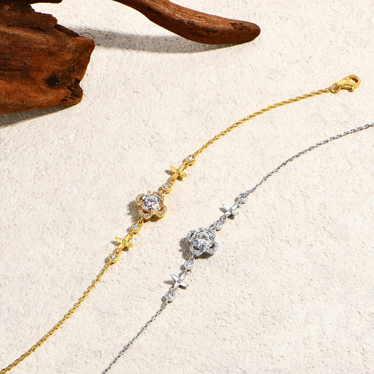 Bracelet de fleurs pour femme en moissanite ronde 1,0 carat, en argent sterling 925, pour mariage, fiançailles, bijoux fins 16+3cm