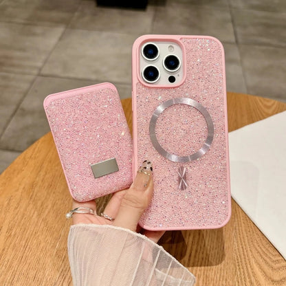 Luxury Glitter Flash Diamond Case With Magnetic Card Bag For iPhone 17 Air 16 15 14 Plus 13 12 Pro Max Anti-drop Protector Shell
