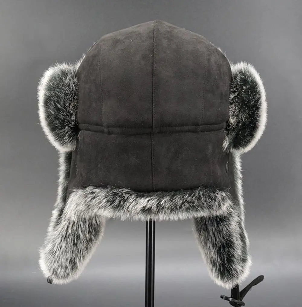 Suede Leather Russian Cossack Ski Cap Earflap Bonnet Faux Fur Earflap Bomber Hats Trapper Hat