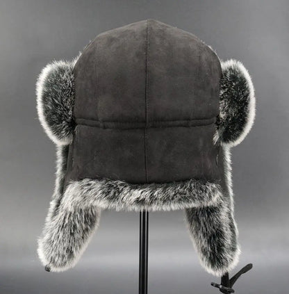 Suede Leather Russian Cossack Ski Cap Earflap Bonnet Faux Fur Earflap Bomber Hats Trapper Hat