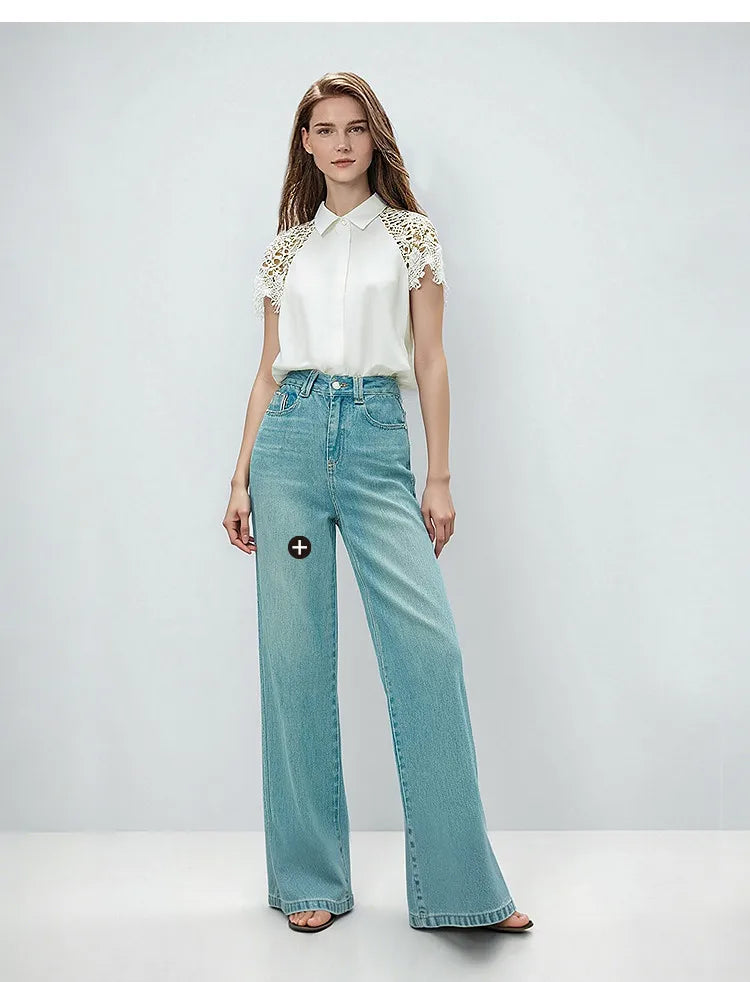 Women Shirt 2026 Summer New Lace Patchwork Lapel Collar Dolman Sleeve Blouse Loose Mid Length Office Cotton Shirt 12642040