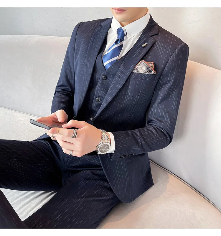 ( Blazer + Vest + Pants ) High-end Formal Casual Business Striped Fashion Men's 3 Piece Suit Groom Wedding Dress Suit