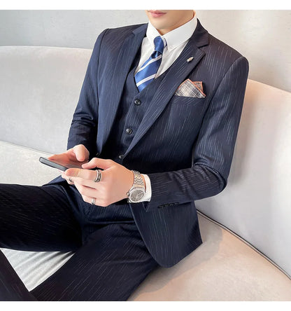 ( Blazer + Vest + Pants ) High-end Formal Casual Business Striped Fashion Men's 3 Piece Suit Groom Wedding Dress Suit
