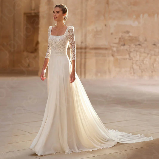Customized Classic Wedding Dresses 2025 Lace Bridal Gowns Square Neckline Bride Dresses 3/4 Sleeves Wedding Gowns Cut Out Back