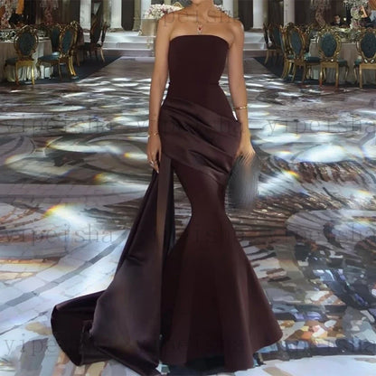 Customized Strapless Formal Evening Dresses Backless Pleat Floor-Length Satin Prom Gown Long Sleeveless mermaid Party Dress