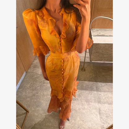 V-neck Organza Floral Chiffon Puff Sleeve Slit Long Dress Bodycon High Slit Bodycon Sexy Dresses Lady Chic Daily Sweet Date Robe