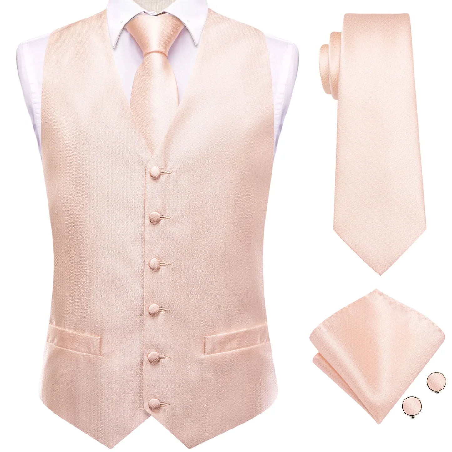 Silk Mens Suit Vests 4PC Woven Sage Green Solid Waistcoat Tie Pocket Square Cufflinks Business Wedding Dress Waist Jacket