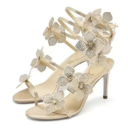 Street Style CRYSTAL Flower Thin Heels Banquet Prom Women Sandals Sexy Open Toe Narrow Band Ankle Strap Gladiator Shoes