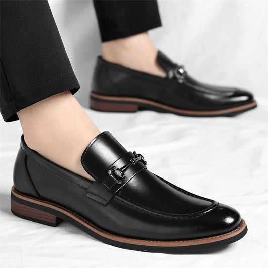 Mens Brown Burnished Genuine Leather Horsebit Loafers Slip On Formal Business Office Wedding Groom Daily Wear Shoes Simple New