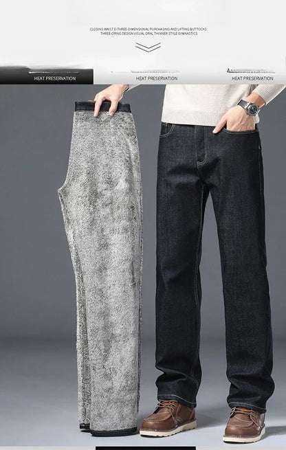 Men's Fleece Lined Thicken Jeans Winter Warm Stretch Slim Fit Denim Pants Comfortable Soft Trousers for Daily Work Wear Clothing
