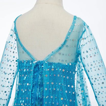 Children Carnival Blue Sequins Elsa Cosplay Dress Girls Elegant Blue Princess Costume Kids Halloween Birthday Party Clothes