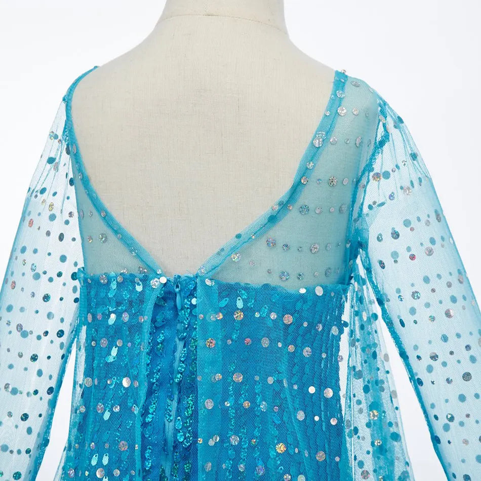 Children Carnival Blue Sequins Elsa Cosplay Dress Girls Elegant Blue Princess Costume Kids Halloween Birthday Party Clothes